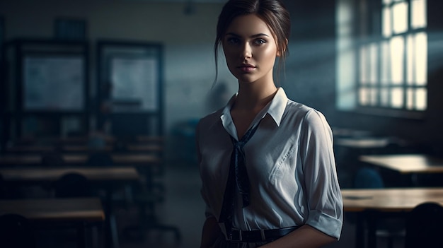 A woman sits in a classroom