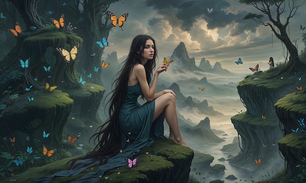 a woman sits on a cliff with butterflies and mountains in the background