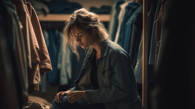 A woman sits in a closet with a denim jacket on and a denim jacket on.