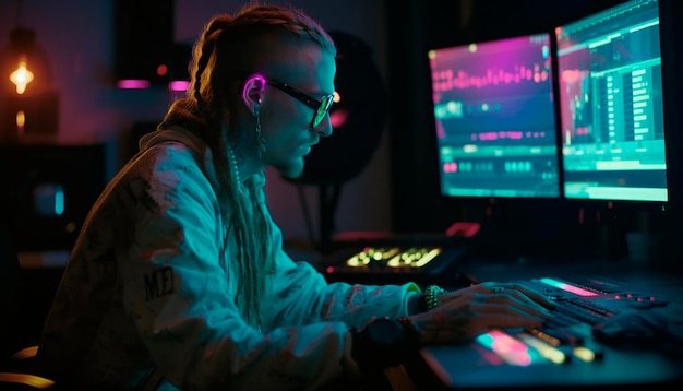 A woman sits at a computer in a dark room, wearing glasses and a white coat, typing on a keyboard.