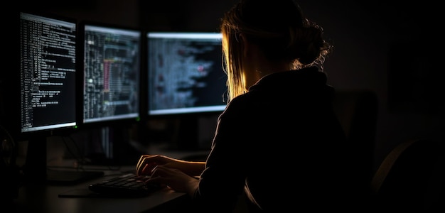 A woman sits at a computer in a dark room, with two monitors showing code on the screen.