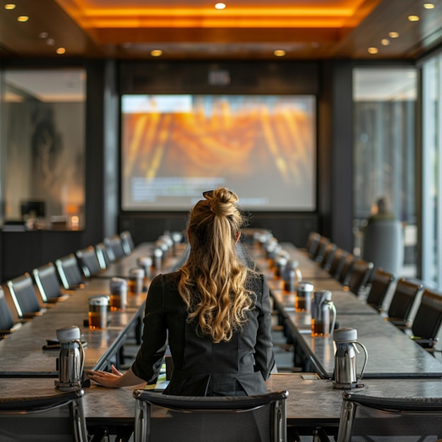 a woman sits in a conference room with a screen that says quot the word quot on it