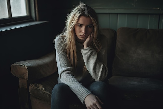 A woman sits on a couch in a dark room looking sad