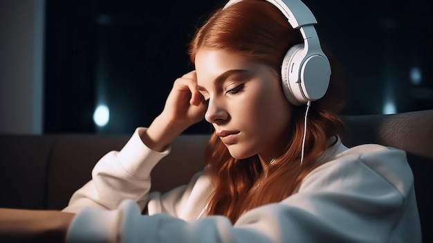 A woman sits on a couch in a dark room with a white headphones on her head.