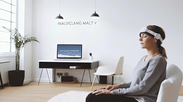 Photo a woman sits on a couch in front of a sign that says  the word