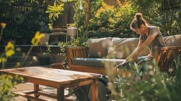 Photo a woman sits on a couch in a garden