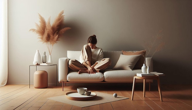 Photo a woman sits on a couch reading a book in a living room