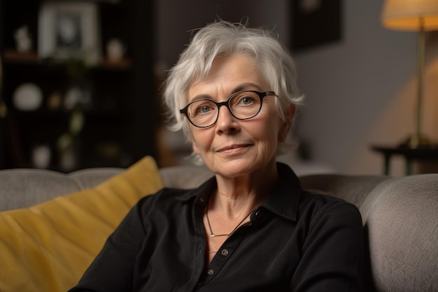 A woman sits on a couch wearing glasses and a black shirt.