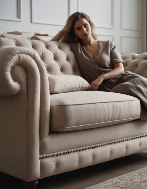 Photo a woman sits on a couch with her head down