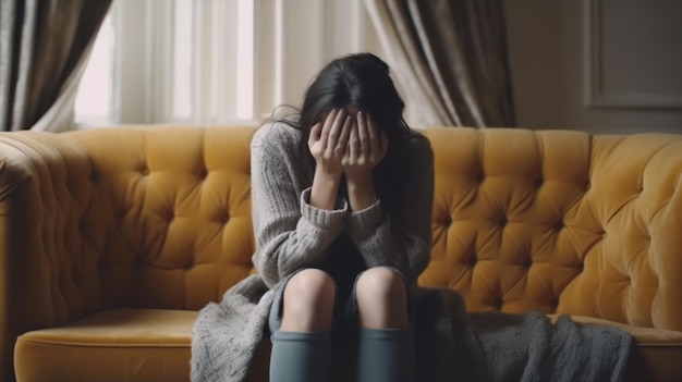 A woman sits on a couch with her head in her hands