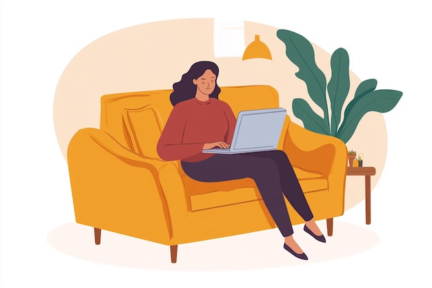 a woman sits on a couch with a laptop illustration