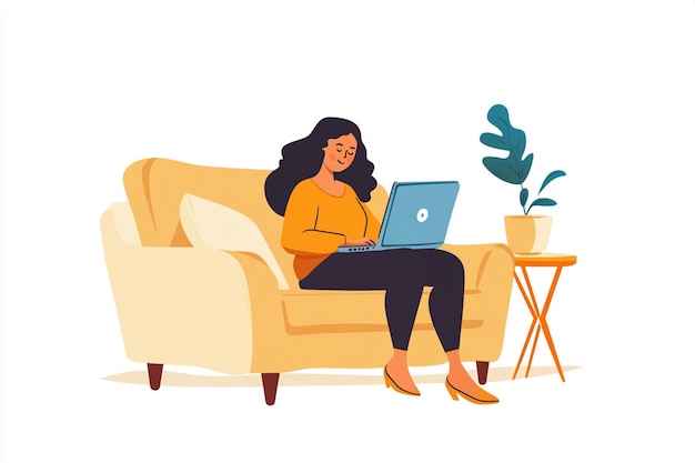 a woman sits on a couch with a laptop illustration