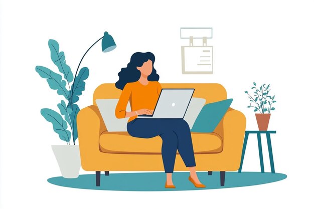 a woman sits on a couch with a laptop illustration