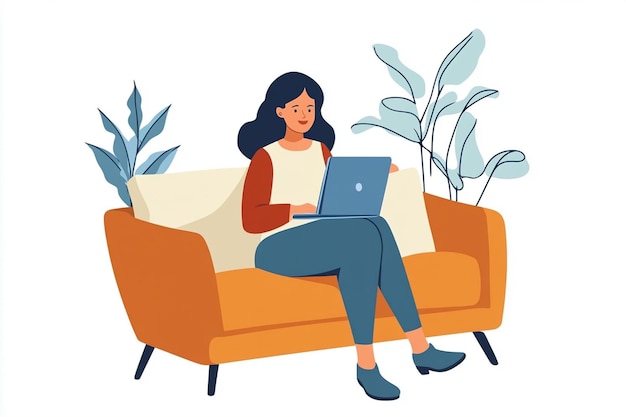 a woman sits on a couch with a laptop illustration