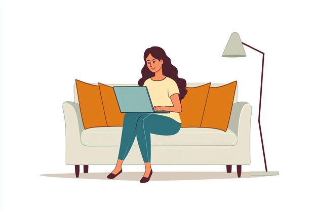 a woman sits on a couch with a laptop illustration