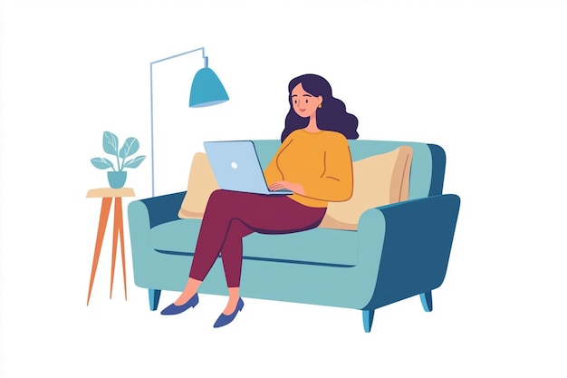 a woman sits on a couch with a laptop illustration