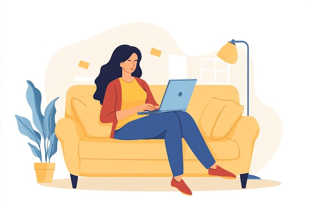 a woman sits on a couch with a laptop illustration