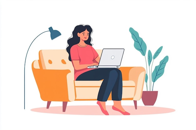 a woman sits on a couch with a laptop illustration