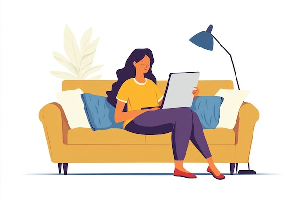 a woman sits on a couch with a laptop illustration