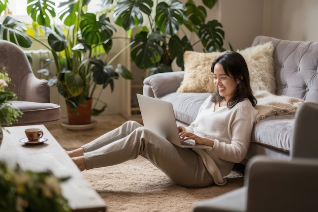 Photo a woman sits on a couch with a laptop and a potted plant behind her