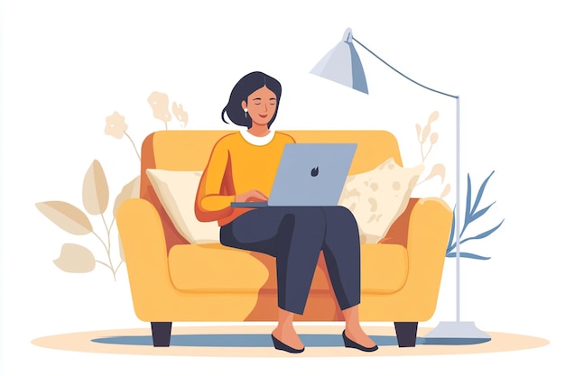 a woman sits on a couch with a laptop