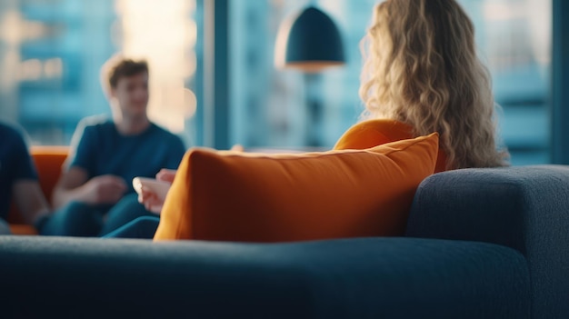 Photo a woman sits on a couch with a man in the background and a woman is holding a remote control