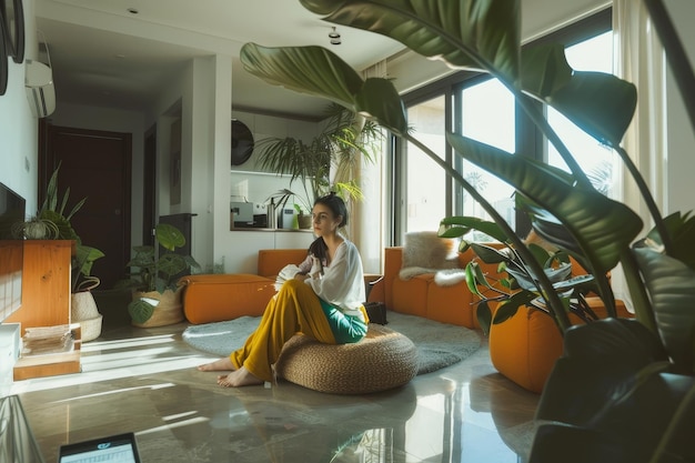 Photo a woman sits on a couch with a plant in the corner