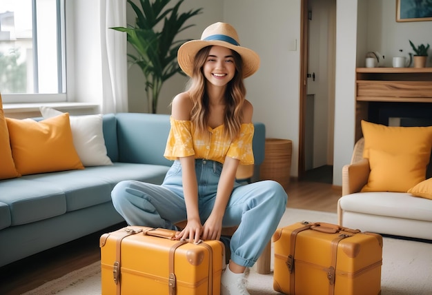 a woman sits on a couch with suitcases in her hands