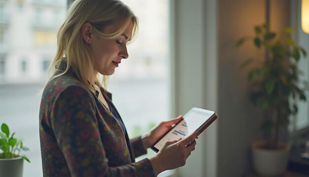 Photo a woman sits on a couch with a tablet in her hands