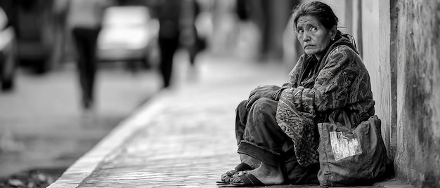 Photo a woman sits on a curb with a scarf around her neck