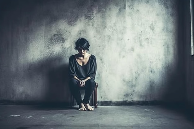 A woman sits in a dark room with a dark background and the words'i'm not a woman '