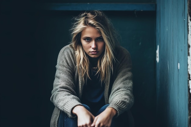 A woman sits in a dark room with her hands on her knees.