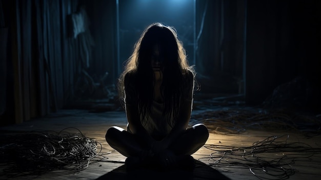 a woman sits in a dark room with a light on the back