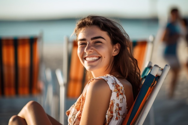 A woman sits on a deck chair on a beach.