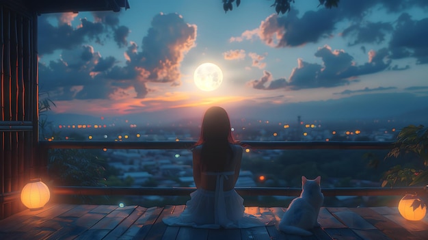 a woman sits on a deck with a cat and the moon in the background