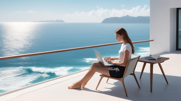 a woman sits on a deck with a laptop and the ocean in the background