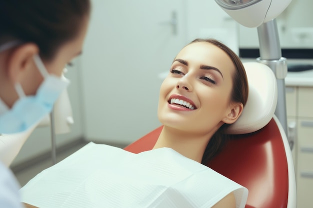 A woman sits in a dentist chair smiling happily as she receives dental care Pretty womans teeth treatment in dental clinic AI Generated