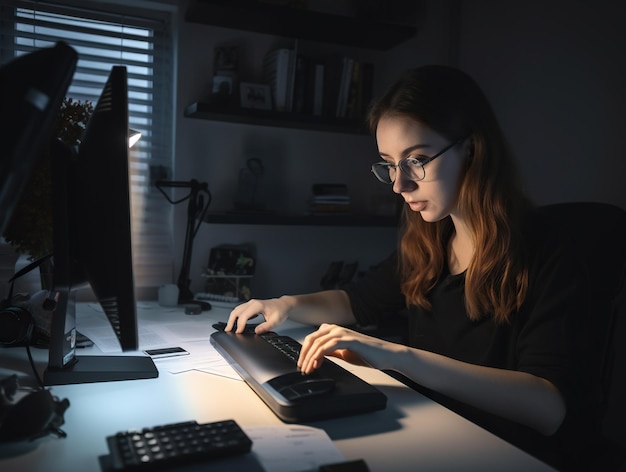 A woman sits at a desk in a dark room typing on a keyboard Generative AI