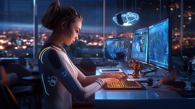 A woman sits at a desk in a dark room with a computer monitor that says'cyberpunk '