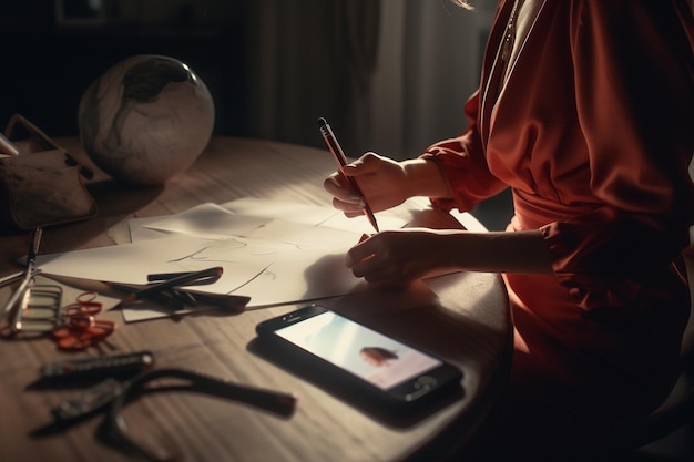 A woman sits at a desk, drawing on paper with a pencil.