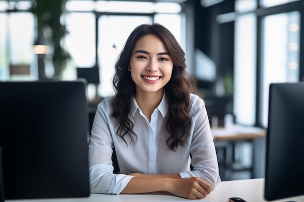 A woman sits at a desk in front of a computer and has a smile on her face.