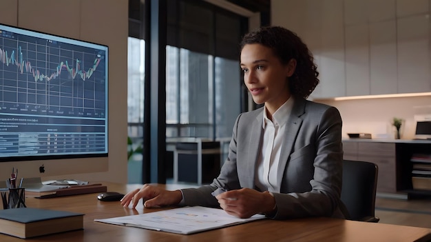 a woman sits at a desk in front of a computer monitor