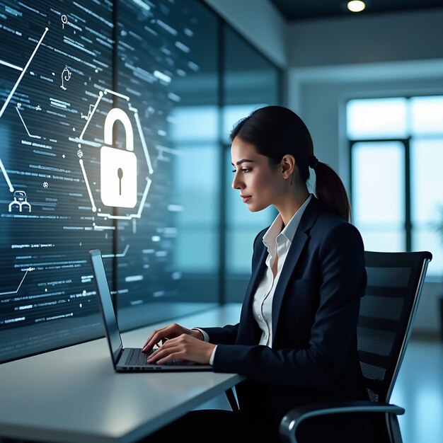 Photo a woman sits at a desk in front of a computer with a key lock on it