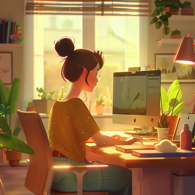 a woman sits at a desk in front of a computer with a plant in the corner