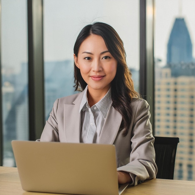 a woman sits at a desk in front of a laptop