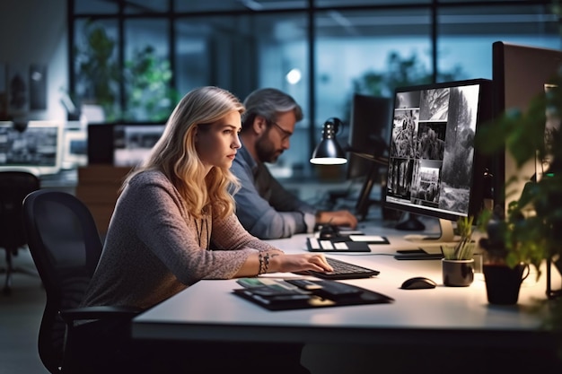 A woman sits at a desk in front of a monitor that says'i'm a software company '