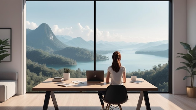 a woman sits at a desk in front of a mountain lake