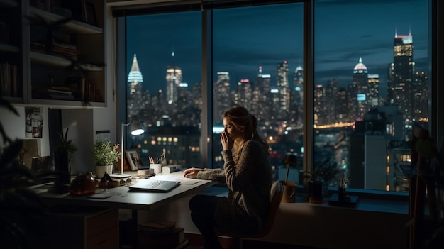 A woman sits at a desk in front of a window with the city skyline in the background.