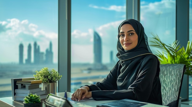 a woman sits at a desk in front of a window with a cityscape in the background