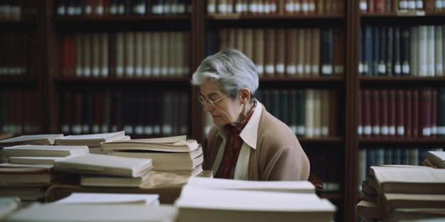 A woman sits at a desk in a library, reading books, and a book is visible.